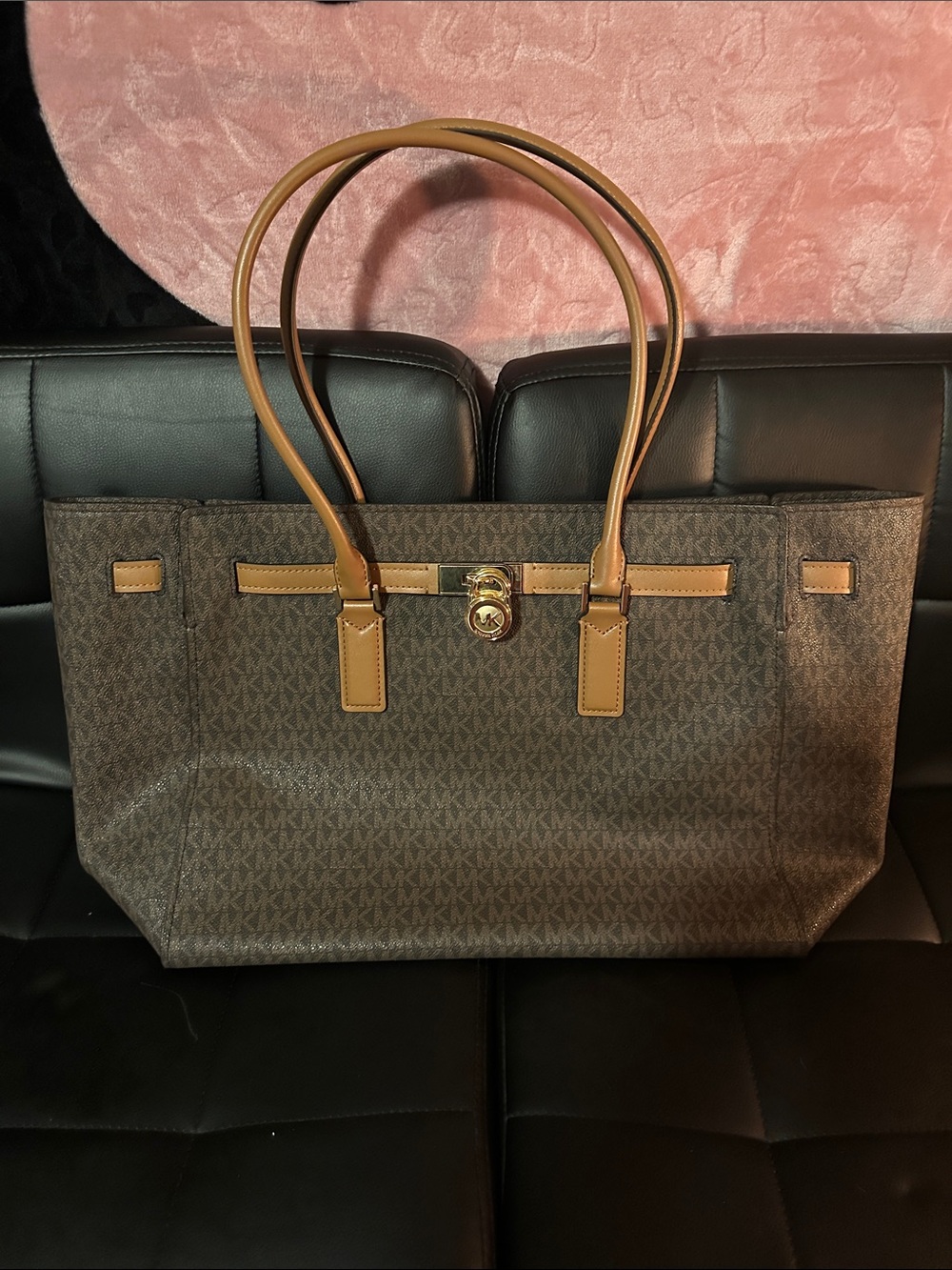 MICHAEL KORS Brown Logo-Print Tote with Tan Handles